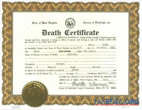 Realistic USA Randolph county commission death certificate sample